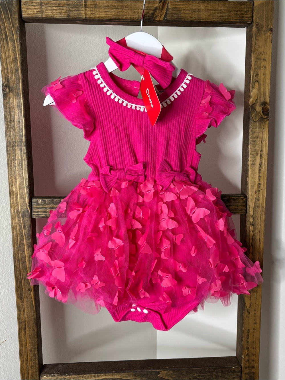PatPat Bright Pink Tulle Butterflies One Piece with Bow Headband Size 18-24M